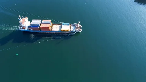 Small Container Ship, Aerial Side View Stock-Footage 91128686
