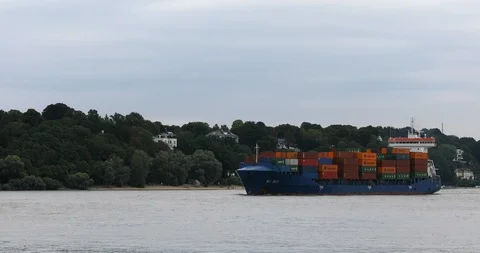 Small Container ship leaving Hamburg Stock Footage 95719301