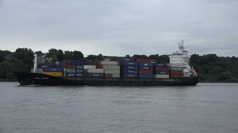 Small Container ship leaving Hamburg Stock Footage 98159271