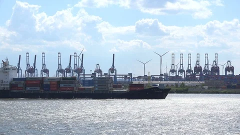 Small Container ship leaving Hamburg Stock Footage 99982156