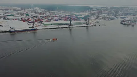 Small container terminal and pilot boat Stock Footage 150263462