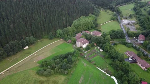 Small countryside village in the green fields of the Basque Country, Northern Stock Footage 209806922