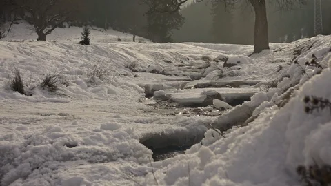 Small creek covered with fresh snow in the mountains Video stock 124688930