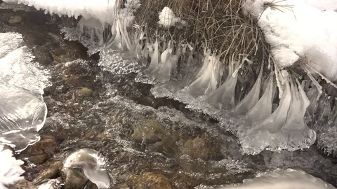 Small creek covered with fresh snow in the mountains Vídeos de archivo 124689273