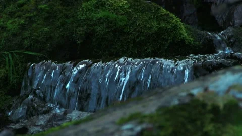 Small creek flows among mossy rocks Stock Footage 144361887