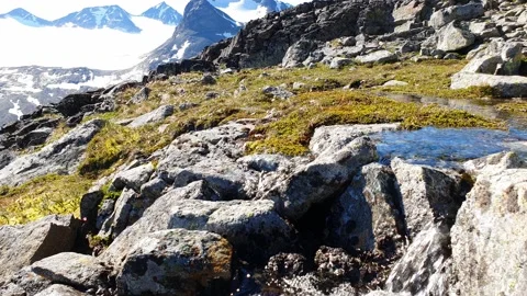 Small creek infront of mountain range Norway Stock Footage 156789060
