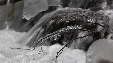 Small creek winter icicles Stock Footage 99444741