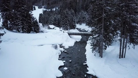 Small Creek In Winter Snowy Forest Wooden Bridge Stock Footage 104116038