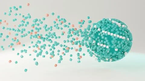 Small cubes flying together into a sphere, data assembly 3D render 写真素材