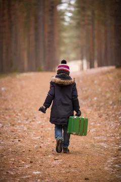 A small cute boy in the hat with pompom and warm jacket walking in forest Stock Photos
