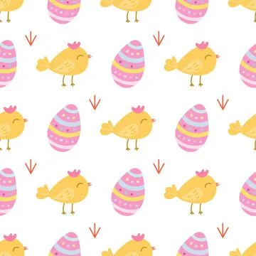 Small cute chicken with an Easter egg on white background. Vector pattern Stock Illustration