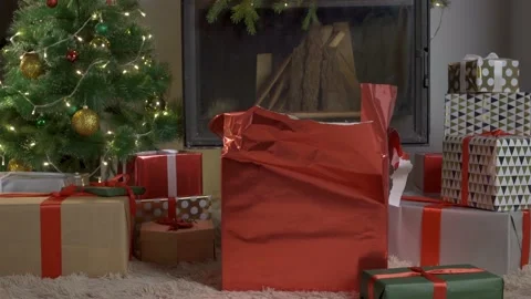 Small cute funny dog with boxes and Christmas tree on light background. dog jack Stock Footage 139633020