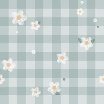 Small cute hand drawn flowers on gingham background. Vector seamless patter.. Stock Illustration
