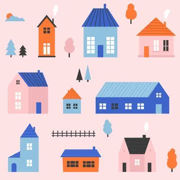 Small cute house seamless pattern. Cartoon village town repeated texture. Doodle Stock Illustration
