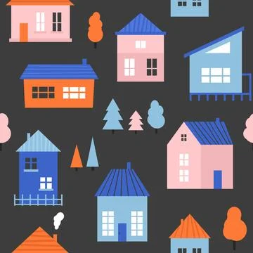 Small cute house seamless pattern. Cartoon village town repeated texture. Doodle Stock Illustration