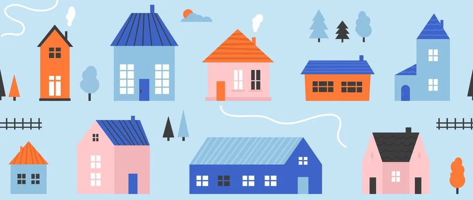 Small cute house seamless pattern. Cartoon village town repeated texture. Doodle Stock Illustration
