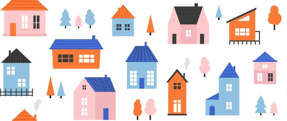 Small cute house seamless pattern. Cute cartoon village town repeated texture Stock Illustration