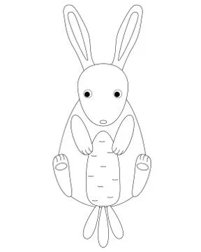 A small, cute, kawaii rabbit eats a big carrot. Hare and carrot Stock Illustration