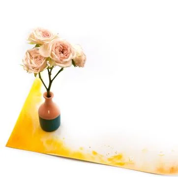 Small cute tiny vase with dry tea rose bouquet and hand painted watercolor blot Stock Photos