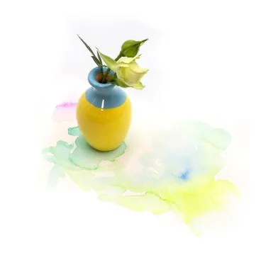 Small cute tiny vase with dry tea rose bouquet and hand painted watercolor blot Stock Photos