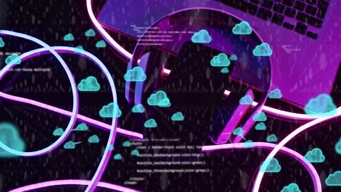 Small cyan clouds appearing and growing over headphones while code scrolling and Stock Footage 335465632