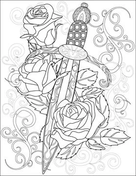 Small Dagger With Flowery Background Colorless Line Drawing. Tiny Knife With 스톡 일러스트