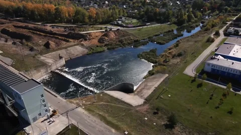 Small dam, construction over the river,river, drone shooting, sunny weather Stock Footage 211368883