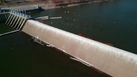 Small dam with group of birds, Hackensack river, Oradell, NJ - 4K Aerial drone Stock Footage 293744079