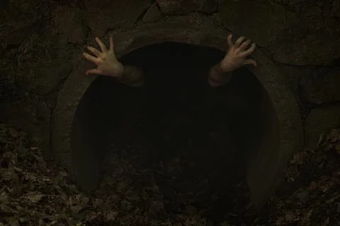 Small dark tunnel opening with two hands poking out and holding to edge Stock Photos