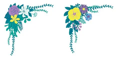 Small decorative accents featuring flowers and plants, rendered in cool ton.. Stock Illustration