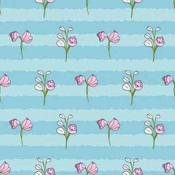Small delphinium flower buds seamless pattern on blue stripes Stock Illustration