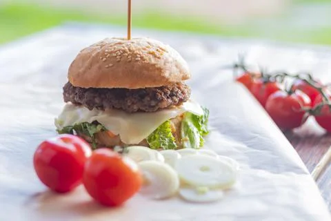 Small depth of field. Soft focus. Burger made it at home. Next to it are red  Stock Photos