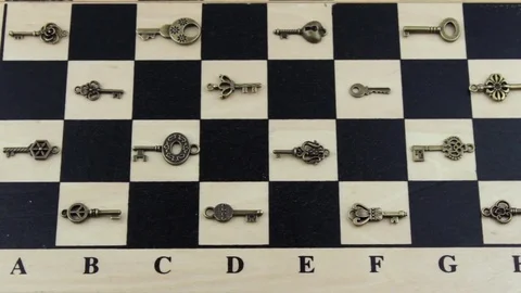 Small different keys on a chessboard Stock Footage 79639931