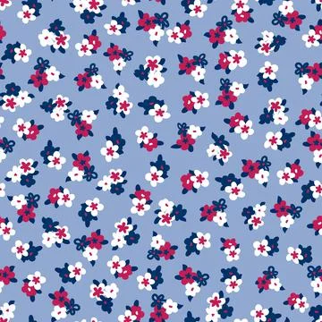Small ditsy floral pattern in red white blue Stock Illustration