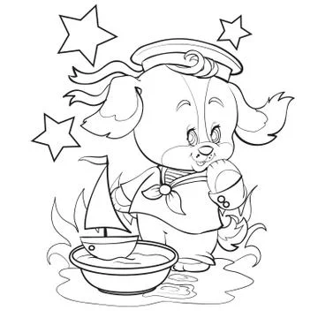 Small dog in a cap with ribbons playing with a toy boat in a basin with water Illustrazione stock