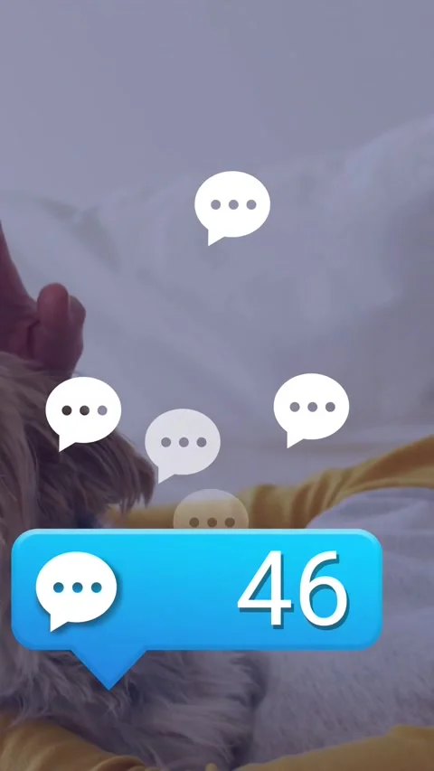 Small dog resting on bed while messaging notifications increasing, yellow-sleeve Stock Footage 334544472