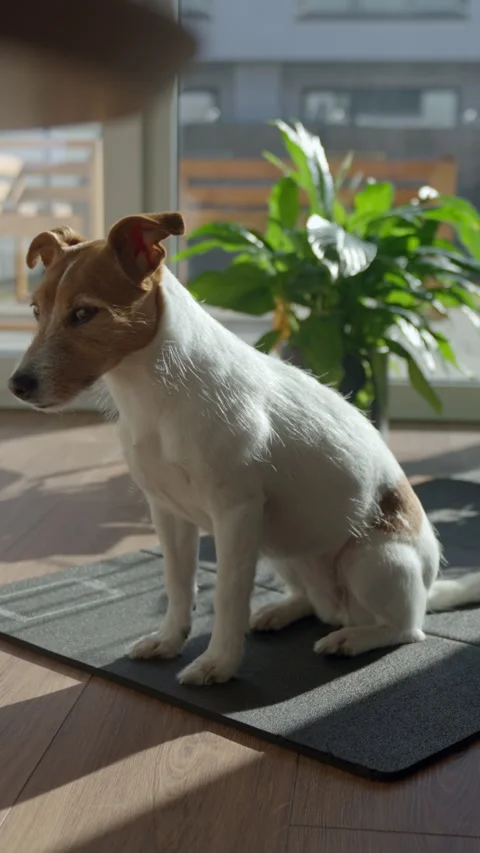 Small dog sitting on exercise mat at home in sunlight Stock Footage 331253009
