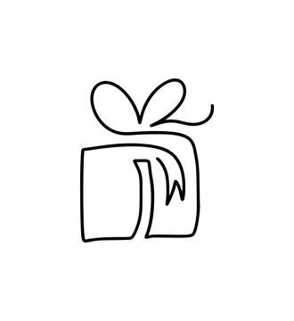 Small doodle One line gift box vector icon with bow, black outline present Illustrazione stock