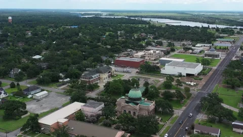 Small Downtown and the River Beyond Drone Aerial View Orange Texas USA 스톡 동영상 335665918
