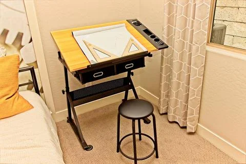 Small Drafting Table In Corner Of Bedroom Stock Photos