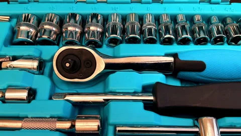 A small drive socket and bit set with ratchet and bars in a storage case. Vídeos de archivo 275088063
