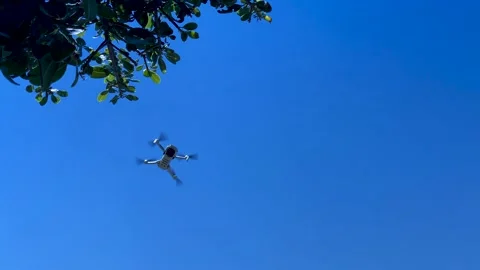 Small drone coming in to land on a bright sunny day Stock Footage 154409938