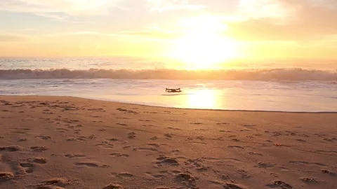 Small drone flying low over the beach at sunset Stock Footage 154409967