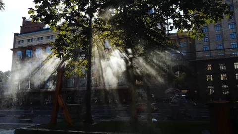 Small drops of water create an artificial fog that cools on hot days. Light pass Stock Footage 116340208