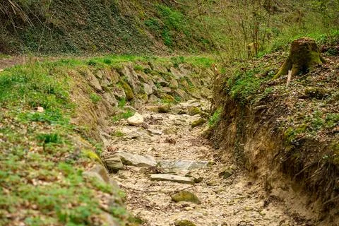 A small dry mountain river. Consequences of lack of snow and rain in winter Foto stock