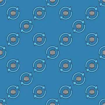Small Earth Globe inside Two Arrows vector World blue seamless pattern Stock Illustration