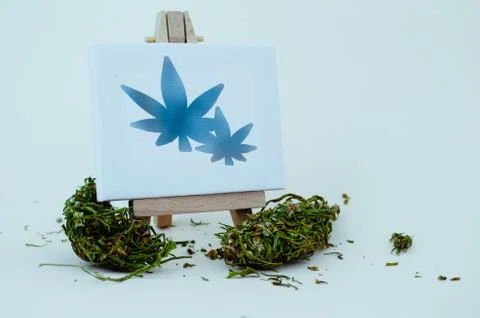 A small easel with the formula CBD and flowers buds of marijuana. Medical Stock Photos