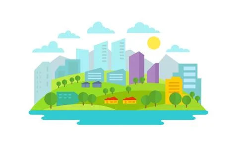 Small eco-friendly city in the background of nature landscape Trees buildings Stock Illustration