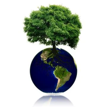 Small eco planet with tree and roots on it. Green Earth concept Stock Illustration