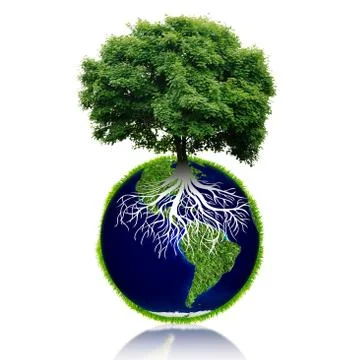 Small eco planet with tree and roots on it. Green Earth concept Stock Illustration